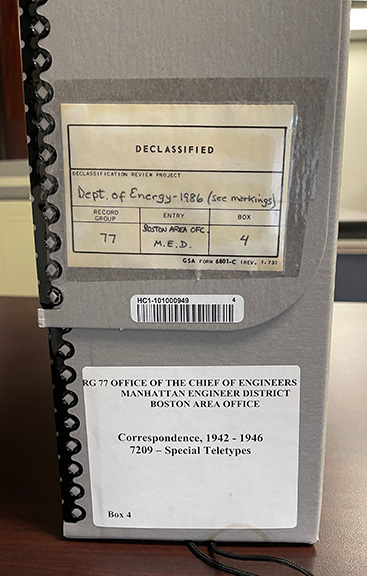An Office of the Chief of Engineers, Manhattan Engineering District, Boston Area Office, records box held at the National Archives and Records Center at Boston.