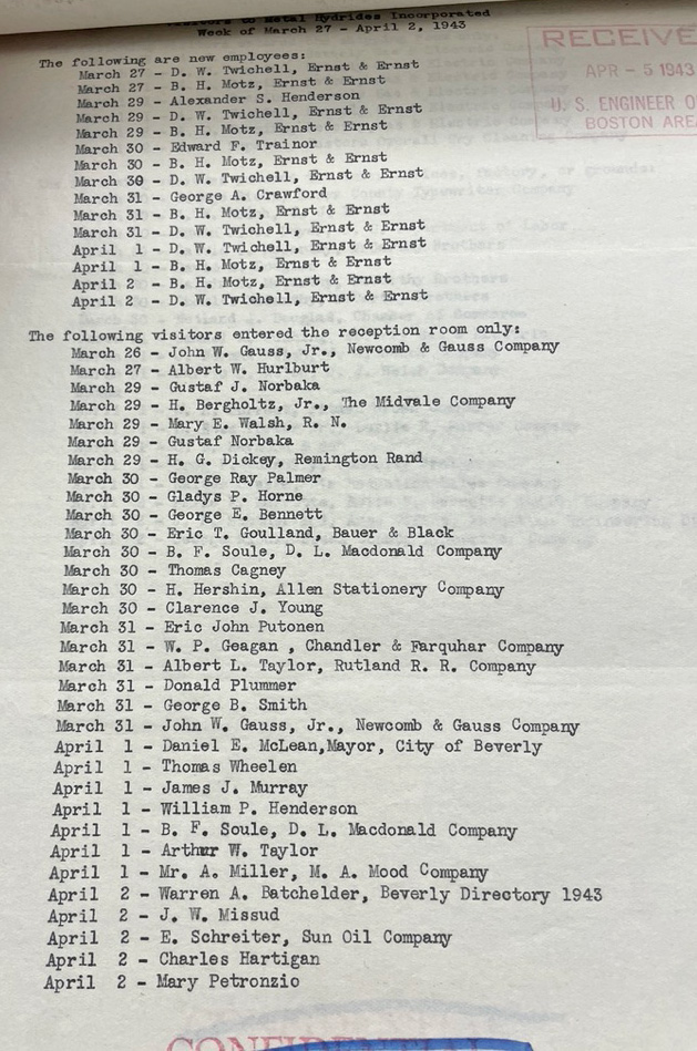 Image of the Metal Hydrides Visitors Report for the week March 27 - April 2, 1943, listing D. L. Macdonald from the Company, meaning Stone & Webster.