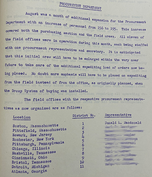 Tennessee Eastman Corporation listing of Procurement field representative for each of the 11 areas, including D. L. Macdonald for the Boston area. 