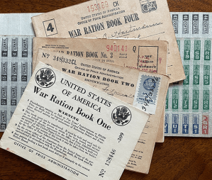 ration books and ration coupons from a book are displayed