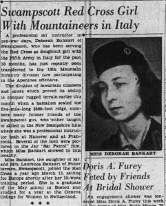 Newspaper clipping featuring a portrait of Deborah Bankart, a Red Cross worker, with an article about her service with the 10th Mountain Division in Italy during WWII.
