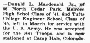 Newspaper clipping announcing Donald L. Macdonald, Jr.'s enlistment in the U.S. Army, detailing his background, educational history, and current station at Camp Hale, Colorado.
