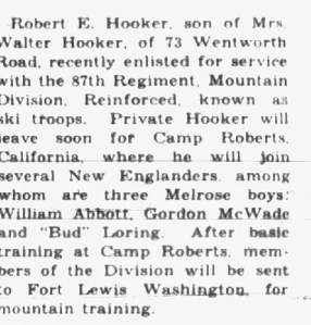 Newspaper clipping announcing Robert E. Hooker's enlistment in the 87th Regiment, Mountain Division, and his upcoming training at Camp Roberts, California.